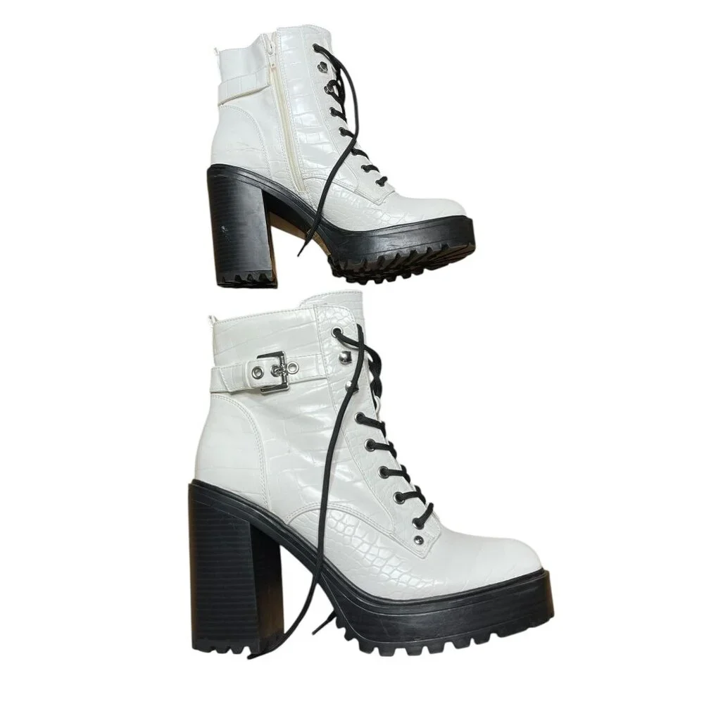 CBG Los Angeles White Croc-Embossed Lace-Up Platform Boots 10M Faux‎ Leather